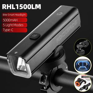 Cykelbelysning Rockbros Front Light 1500lm 5000mah Battery Bicycle Aluminium Smart Sense LED LAMP FILLLIGHT CYCKLIGHET 231009