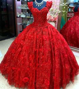 Luxuriöse rote Quinceanera-Kleider mit 3D-Blumenmuster, schulterfrei, bodenlang, Spitze, Abschlussball-Anlasskleid für Mädchen ab 16 Jahren, Party, Abend, formelles Event, hinten geschnürt, Plus-Size-Robe