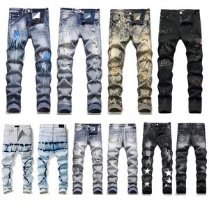 Mens roxo jeans designer calça angustiado motocicleta motociclista jean rua tendência zíper cadeia magro magro rasgado buraco listra moda bordado calças jeans