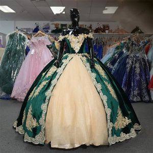 Vintage Mexican Girls Emerald Green Veet Quinceanera Dress With Gold Sequin Lace Applique Off Shoulder Custom Made