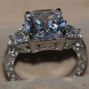 Victoria Wieck Luxo Jóias Almofada Corte 925 Prata Esterlina Três Pedra Topázio Branco Simulado Diamante Casamento Mulheres Banda Anel Si260b