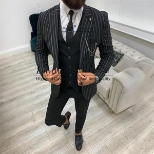 Erkekler Siyah Şerit Erkekler Çentikli Kavur Damat Düğün Smokin 3 Parça Setleri İş Erkek Parti Blazers İnce Fit Office Kostüm Homme