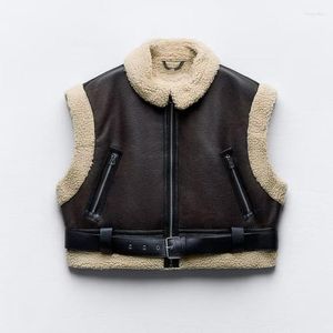 Women's Vests Cropped Faux Leather Vest Women Fleece Sleeveless For Belt Sheepskin Coat Woman Winter 2023