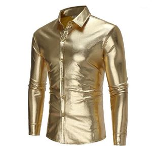 Mäns avslappnade skjortor glänsande metalliska guld paisley skjorta män kemis homme 2021 mode dans nattklubb prom mens klänning scen si299l