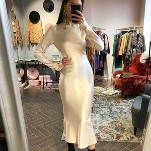 Women's New Solid Long Dress Ladies Satin Elegant Bag Hip Mermaid Party Dress Long Sleeve Fingerless O-Neck Fashion Woman Dre283K