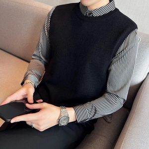 Herrtröjor Autumn Winter Luxury Randig långärmad skarvad stickad för män Kläder 2023 Business Casual Formal Wear Pullovers