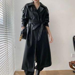 Women s Jackets Autumn Women Long Jacket Oversized Faux Leather Korean Fashion Coat Lapel Loose Office Lady Streetwear Double Breasted Tops 231009