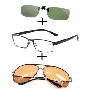 Güneş gözlüğü 3pcs !!! Dikdörtgen metal siyah iş okuma gözlükleri erkekler için kadınlar alaşımlı polarize pilot klip