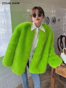 Damen Pelz Kunstpelz Winter Frauen Fluoreszierend Grün Haarig Shaggy Kunstpelz Jacken Vintage Volle Ärmel Pelzmantel Lose Warm Halten Oberbekleidung 231007