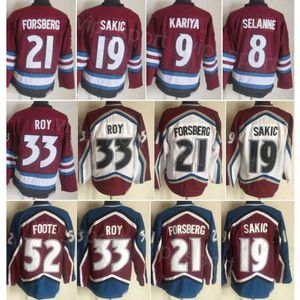 CCM Hockey Retro 21 Peter Forsberg Jerseys Retire 19 Joe Sakic 33 Patrick Roy 8 Teemu Selanne 9 Paul Kariya 52 Adam Foote Vintage Classic Stitched Breathable Red White