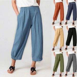 Women's Pants Women High Elastic Waist Pocket Wide Leg Loose Summer Female Ankle Length Trousers ZC518