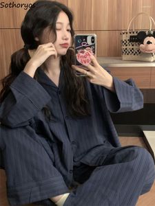 Women's Sleepwear Pajama Sets Women Striped Daily Korean Style Cozy Leisure Home Wear Autumn Long-sleeve Ladies Loose Fashion Casual Basic