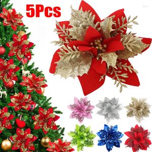 Julekorationer 5st Artificial Flower Simulation Glitter Pinsettia Floral Diy Garlands Xmas Tree Ornaments Wedding Party