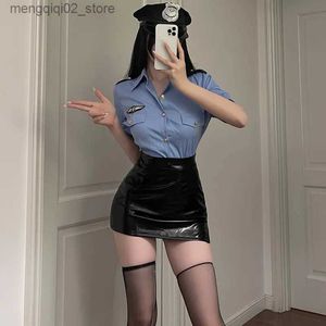 Theme Costume Blue Sexy Women Police Uniform Adult Clubwear Halloween Carnival Game Party Cosplay Comes T-shirt+Mini Skirts Lingerie Set Q240307