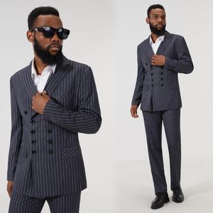 Men's Suits Navy Blue Stripe Wedding British Double Breasted Suit Business Slim Two-piece Wine Red Black Coat And Pants