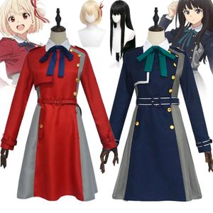 Anime Lycoris Recoil Nishikigi Chisato Inoue Takina Cosplay Kostüm Kırmızı Mavi Üniforma Elbise Wig Cadılar Bayramı Giyim Kızları Womencosplay