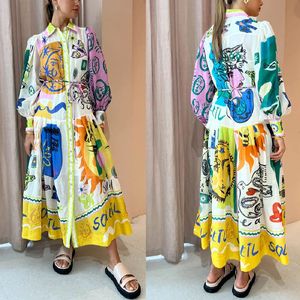 Australian Designer Vintage French Court Style Pleated Oversized Print Long-Sleeved Single Breasted Graffiti Print Strap Print Positioning Cardigan Dress