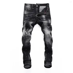 Mäns jeans rippade design Mens Slim Black Denim Trousers Skulls Straight Elastic Plein Stretch Pants for Men