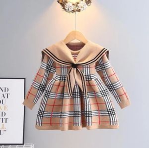 Baby Girls Knitted Plaid Sweaters Dresses Spring Autumn Girl Long Sleeve Princess Dress Kids College Style Knitting Dress 2-7 Years Great Quality A03