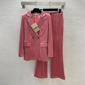 Velvet Pink Women Blazer Suit Coat OL Designer Professional Temperament Celebrity Blazer Flared Pants Outfits Fashion Formal Trousers Suits