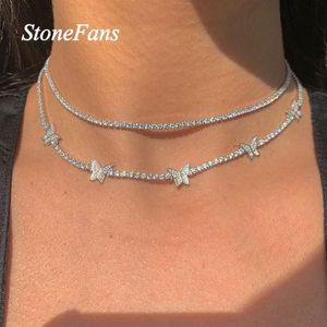 Stonefans Double Leaer Chain Cute Butterfly Necklace Whole for Women Statement Rhinestone Tennis Choker Collar Jewelry Chokers288Z