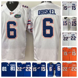 Футболка колледжа Florida Gators В наличии 6 Джефф Дрискел 15 Тим Тебоу 22 Эммитт Смит 81 Джерси Аарона Эрнандеса с вышивкой