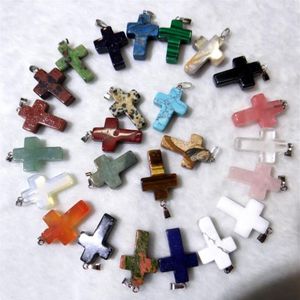 Cały kamień naturalny kwarc kryształowy tygrys Oko Opalite Unakite Mix Onyx Charms Cross Cross Cross do biżuterii Naszyjnik 12PC2552