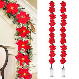 Christmas Decorations 2M 10LED String Lights Christmas Flowers Garland Artificial Poinsettia Flower Xmas Tree Ornaments For Home Fireplace Decoration 231009