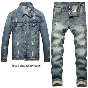 Nostalgico semplice casual da uomo 2 pezzi pantaloni set buco strappato slim fit manica lunga giacca di jeans e jeans primavera autunno retrò Blu285G