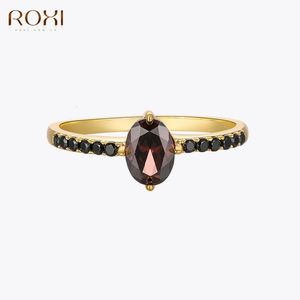 Anéis de banda Roxi forma de ovo requintado cristal preto para mulheres casal casamento 925 prata esterlina anel de noivado presente jóias 231009