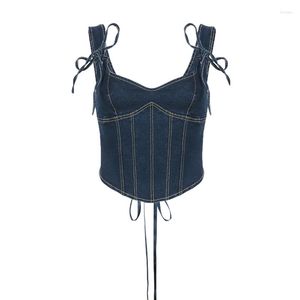 Tanques femininos denim bustier topos mulheres verão v pescoço amarrar sem mangas espartilho jeans colete na moda saindo roupas moda streetwear