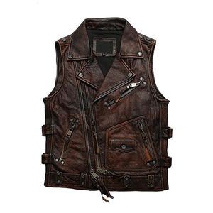 Men's Vests 2021 Vintage Brown Motorcycle Style Genuine Leather Vest Men Plus Size 5XL Real Natural Cowhide Spring Slim Fit S296j