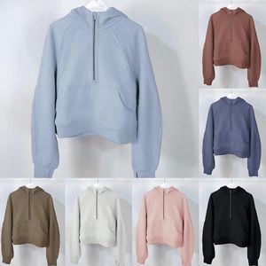 Yeni kalın tüplü kadın yoga pembe kapüşon artı kadife kalınlaşan ceketler spor yarım fermuarlı terry moda lüks fermuar up hoodies gevşek kapüşonlu kısa stil polar ile