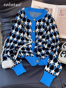 Kadın Sweaters Kadın Renkli Yıldız Jacquard Cardigan Sonbahar Zarif Bayanlar Vneck Uzun Kollu Tek Göğüslü Örme Kazak C030 231009