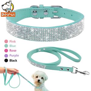 Cat Collars Leads Suede Leather Dog Collar Leash Set Rhinestone Crystal Soft Material Adjustable Small Dogs Cat Pets Collars Leads Chihuahua 231009