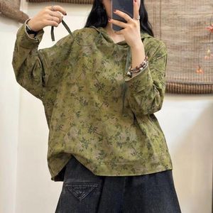 Kvinnors hoodies Autumn Green Floral Femme 2023 Retro Female Print Hooded Drawstring Loose Lose Long Sleeve Pullover Sweatshirts