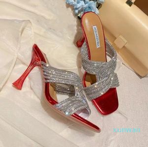 Aquazzura Strass-Leder-Sandalen mit hohen Absätzen, Bankett-Damen, Hochzeit, Sommer, Luxus-Markenschuhe, Party-Damenschuhe mit Box