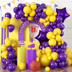 Andra evenemangsfestleveranser Purple och Yellow Balloons 113 PCS Balloon Garland Kit med två 18 -tumsstjärnfolie för basketsporttema 231009