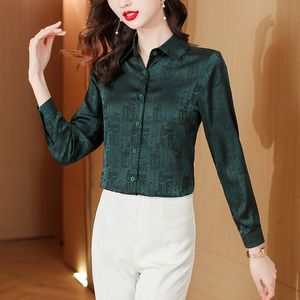 Vintage seda cetim jacquard blusas verdes manga longa mulheres designer camisas outono inverno moda lapela pista botão acima camisa plus size 2023 senhora do escritório gráfico topo