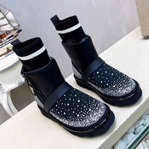 Inverno novas botas famosas mulheres designer marca botas de neve couro genuíno strass cabeça redonda pelúcia engrossado inferior aumentar anti deslizamento senhoras bota de inverno