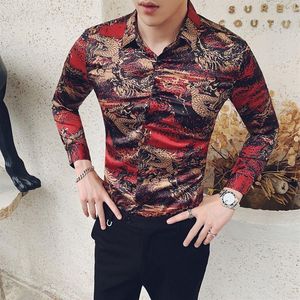 中国スタイルの男性シャツスタイリッシュなドラゴンプリントシャツメンズロングスリーブストリートメンドレスシャツスリムフィットオールマッチパーティータキシード280W