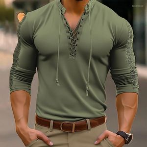 Мужские футболки, винтажные мужские однотонные полые пуловеры с завязками, весенние футболки с длинными рукавами и v-образным вырезом, одежда, рубашка, уличная одежда