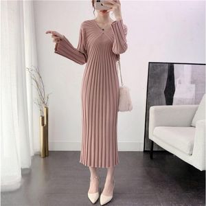 Casual Dresses Autumn Winter 2023 Slim Long Sleeve Party Midi Dress For Women V Collar Elegant Knitted Solid Sweater Pleated Ladies