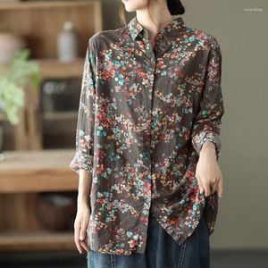 Women's Blouses Black Grey Tops Women Retro Autumn Clothes Blusas Floral Printed Cotton Linen Shirt Casual Office Loose Top Chemise Femme