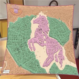 Silk Scarf Women City Map Horse Printing Square Scarves Head Echarpes Silk Foulards Femme Wraps Beach Shawls Bandana Lady Hijabs 90CM X 90CM