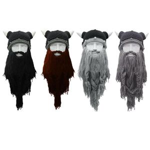 Ampla borda chapéus adulto louco engraçado halloween cosplay malha viking barba chifre chapéu máscara de esqui bárbaro vagabundo vintage gorro boné wi230a