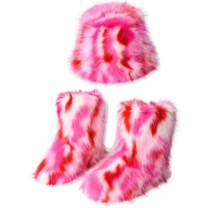 Geniş Memlu Şapkalar Kova Şapkaları Kış Sıcak Kadınlar Kürk Boot Fluffy Sahte Kürk Balıkçı Şapka Seti Bayanlar Peluş Kar Botu Dışında Kadın Kürp Slip Bota 231009