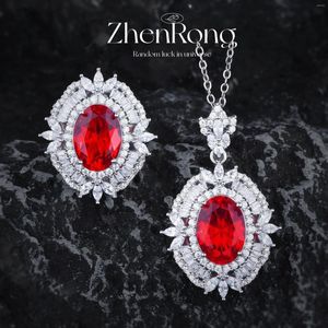 Necklace Earrings Set Luxury Oval Ruby Red Tourmaline Bride Wedding Fashion Pendant Necklaces Charms Silver Color Rings For Women