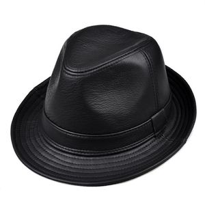 Breda brim hattar mode äkta läder gentleman fedora hatt män höst vinter solid svart vintage pappa chapeau cowhide cap panama jazz3004