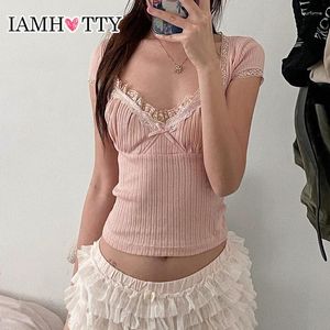 Camiseta feminina iamty kawaii com nervuras de malha rosa renda patchwork milkmaid decote em v top cortado estilo lolita doce casual básico